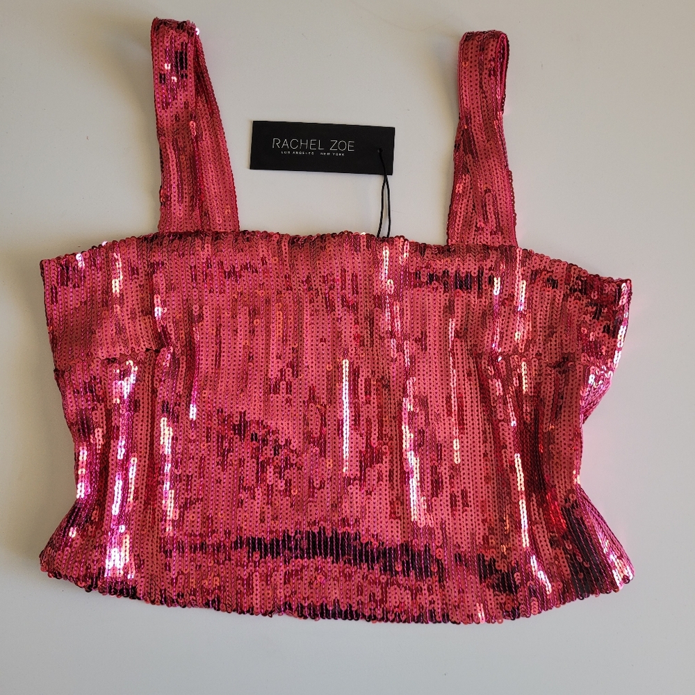NTW NEW RACHEAL ZOE Pink Sequin Crop Top Size M Tank Glam Bling Party Rave